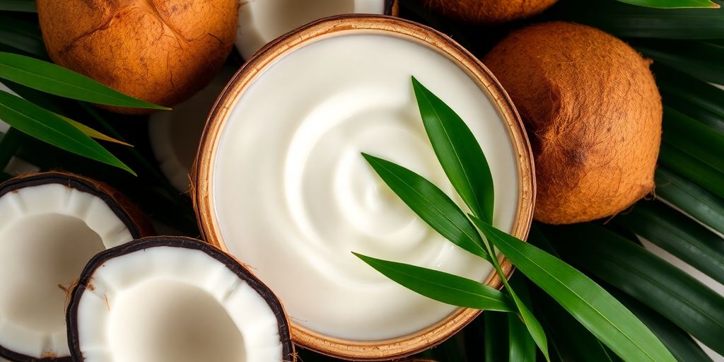Bowl of coconut cream with fresh coconuts and leaves.