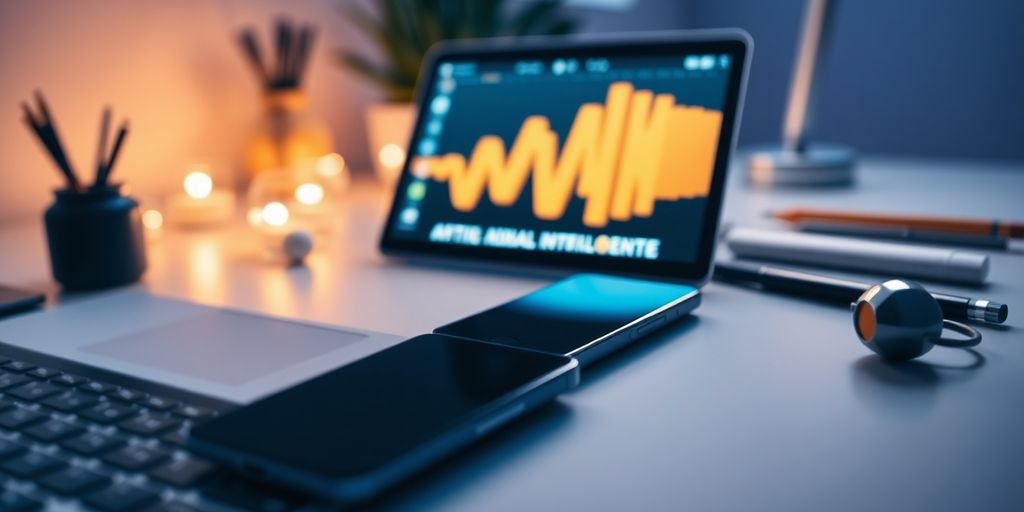 Espaço de trabalho digital com tecnologia avançada.