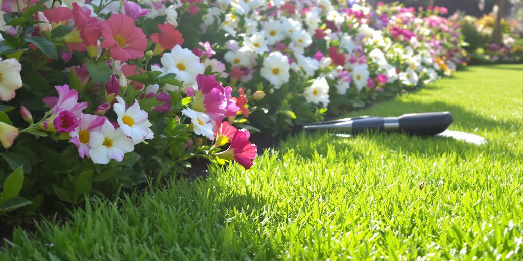 Vibrant, healthy lawn with blooming flowers in the background.
