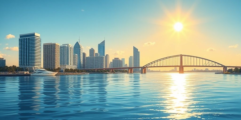 Skyline, water, bridge, and sun over Tampa Bay.