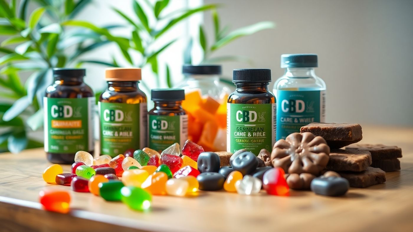 Colorful CBD edibles on a wooden table.