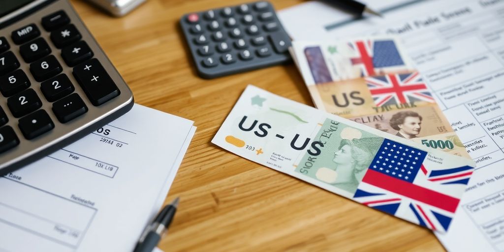Calculator, UK and US notes, tax documents on a desk.
