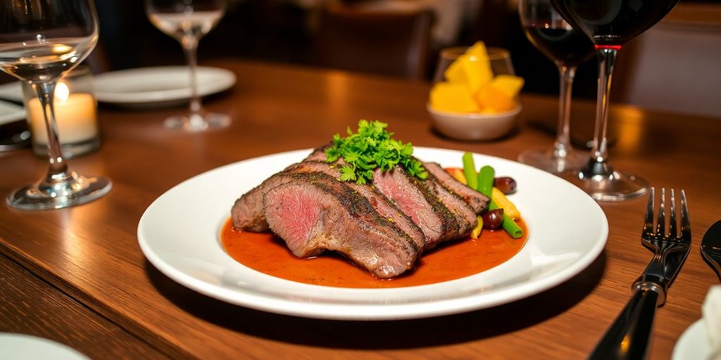 Elegant grass-fed beef dish in a fine dining restaurant.