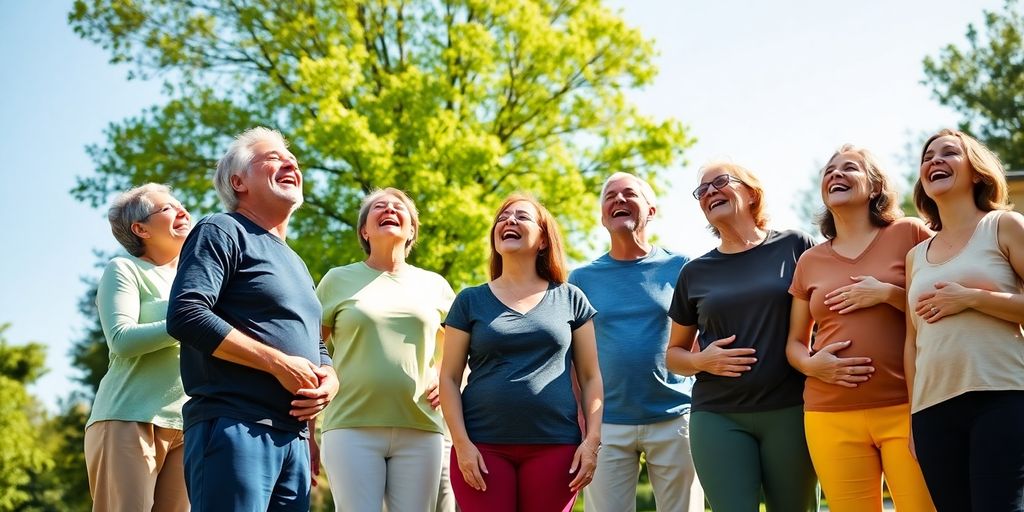 Vrolijke mensen lachen samen van harte.