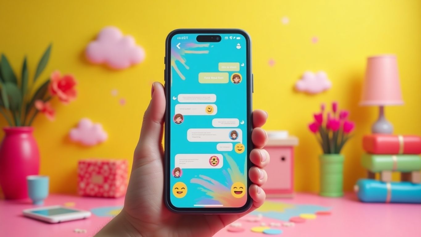 A smartphone with a colorful chat interface and emojis.