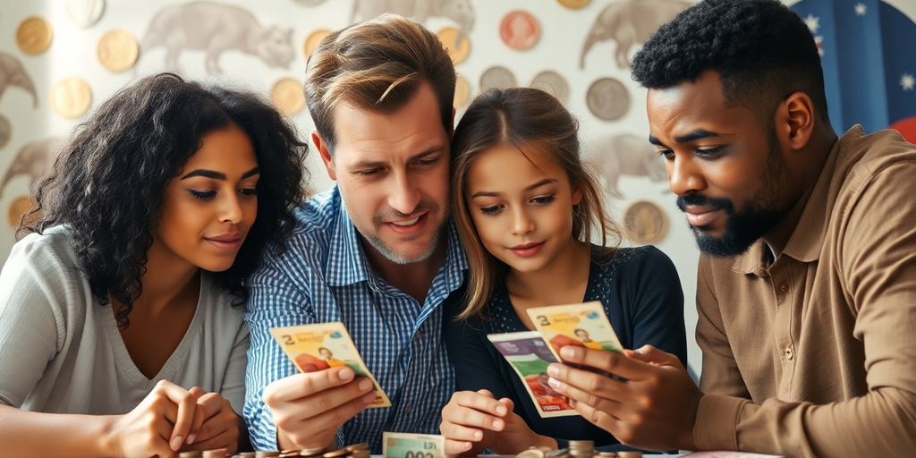 Australian family looking at financial data.