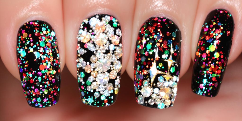 Unhas pretas decoradas com pedrarias e brilhos.