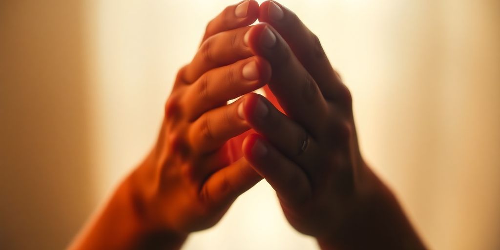 Mãos em oração com luz suave.