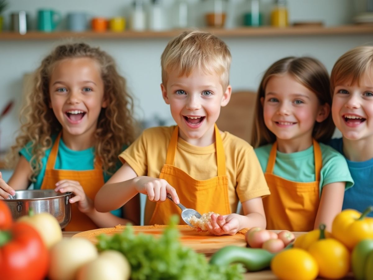 Copii gătind și învățând despre nutriție.