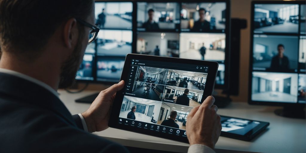 Remote CCTV monitoring on a tablet with multiple camera feeds.