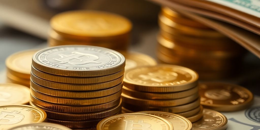 Billets, pièces or et argent empilés