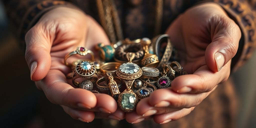 Mains âgées offrant des bijoux anciens