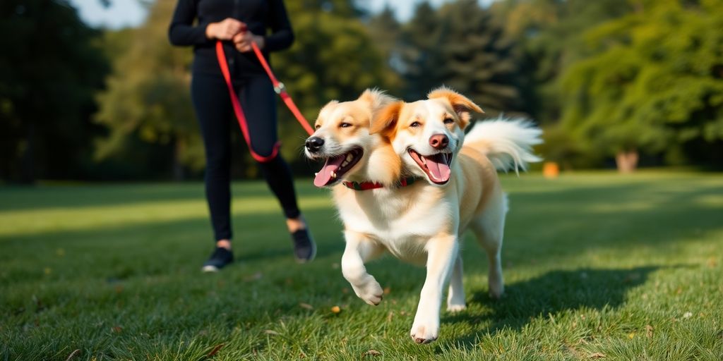 Dog running freely in a green park with owner.
