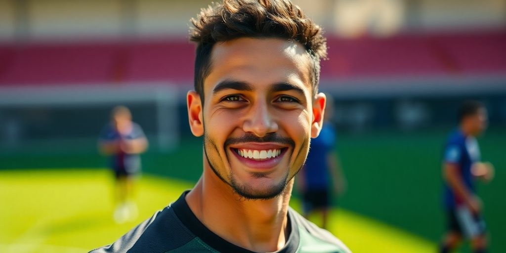 Bahlouli souriant, maillot de foot, sur un terrain