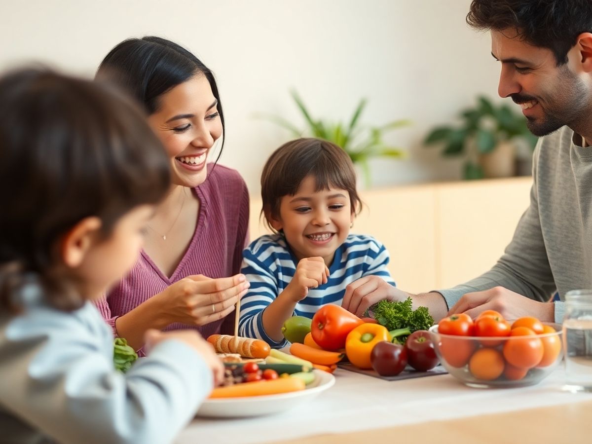 Family sharing a healthy meal with fruits and vegetables.