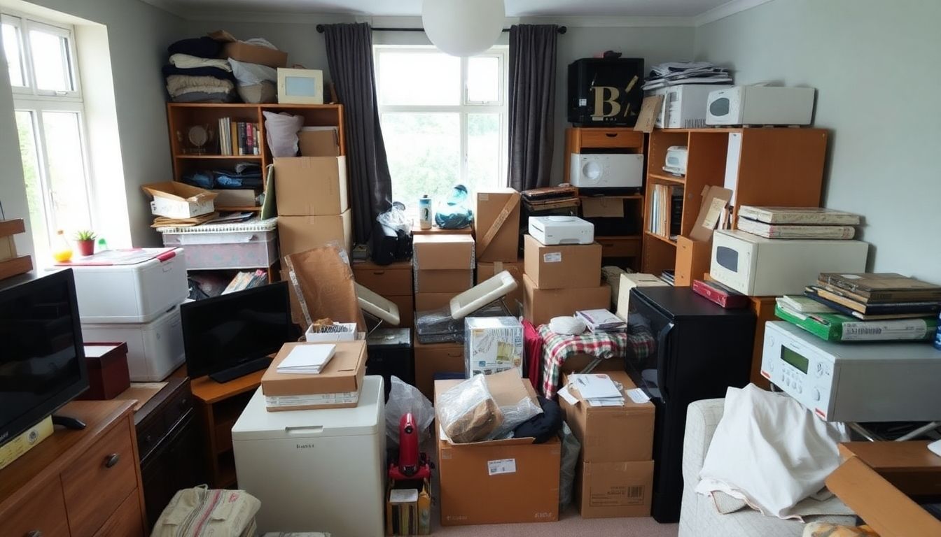 Cluttered room with furniture and boxes for clearance.