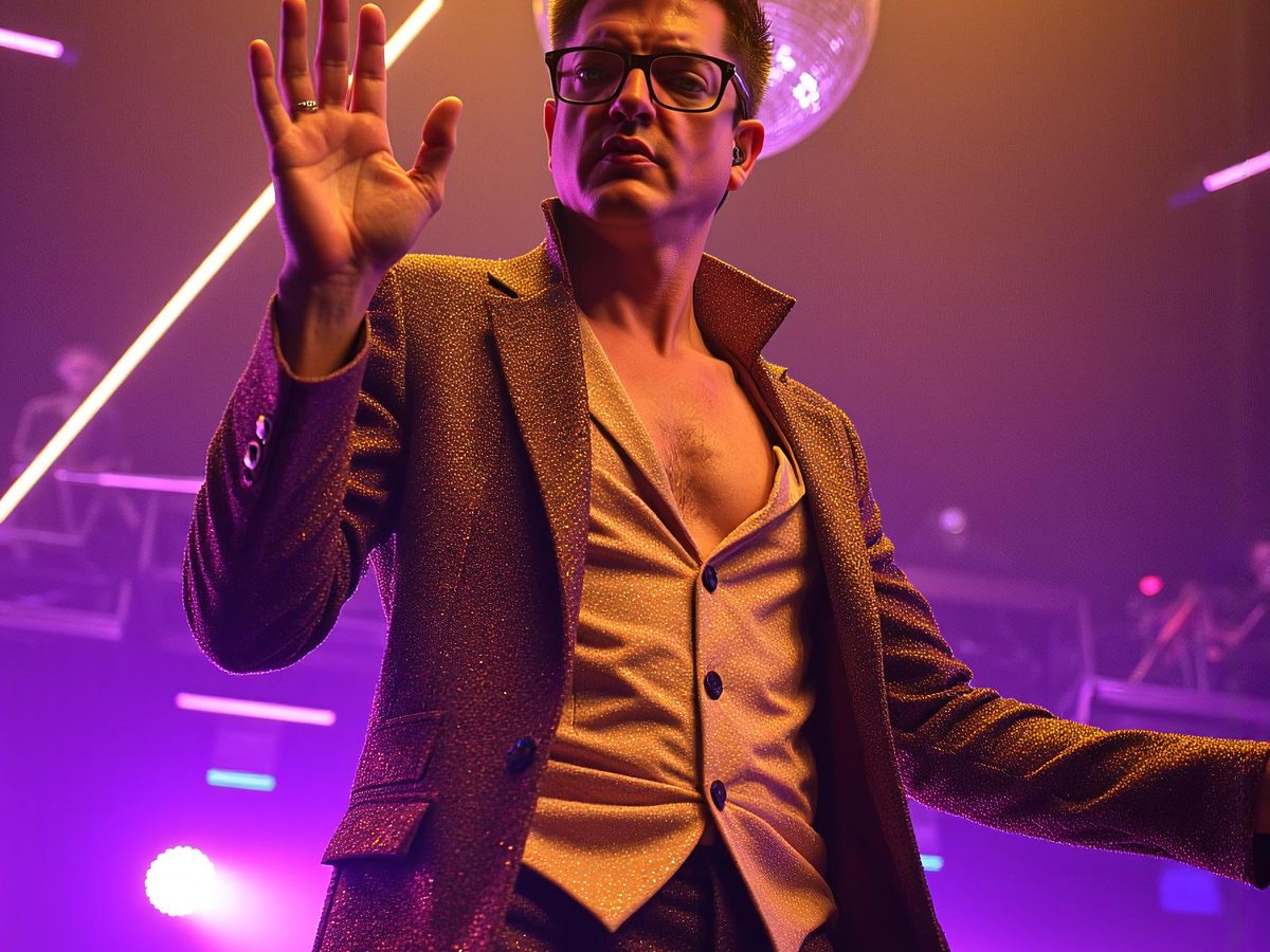 A performer in a glittery suit on stage with lights.