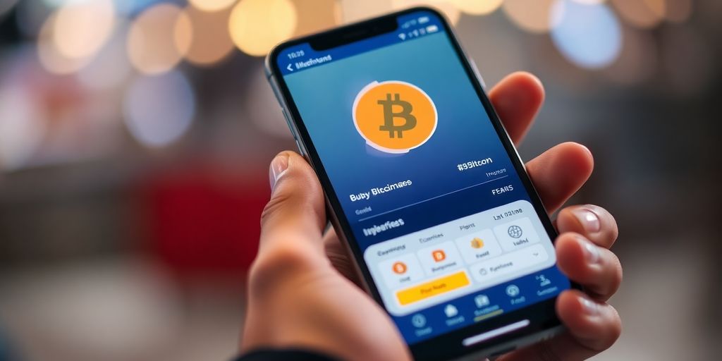 Pessoa usando smartphone para comprar Bitcoin.