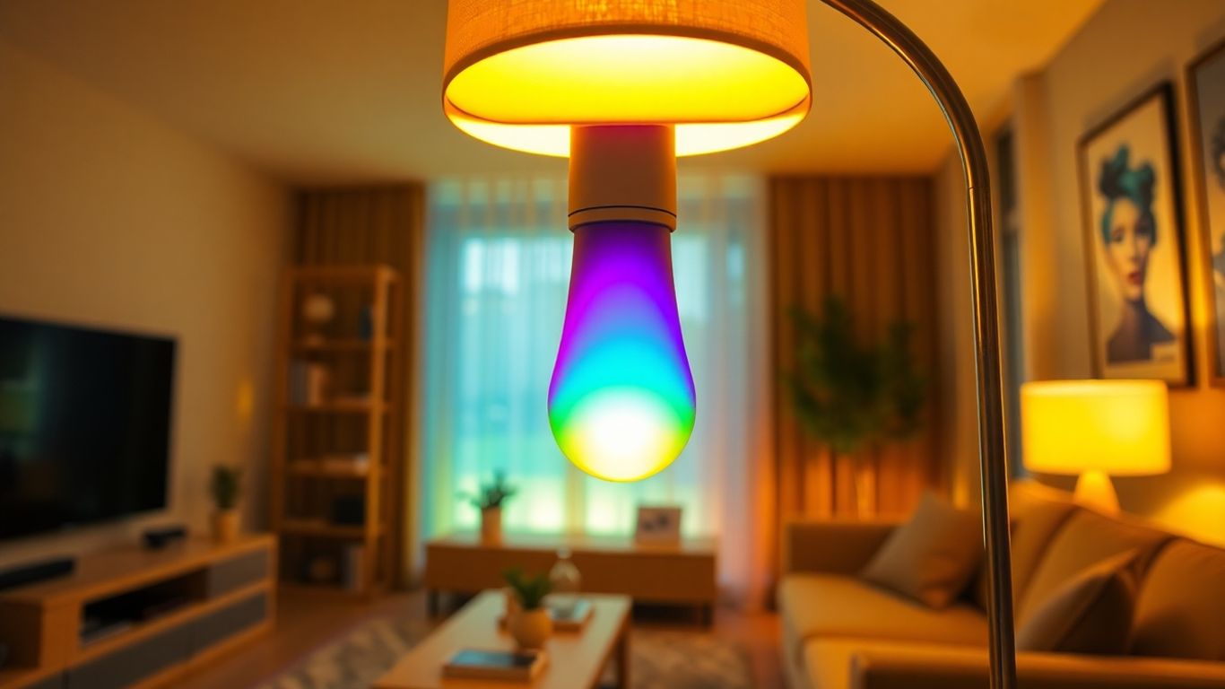 WiZ smart bulb illuminating a living room with colorful light.