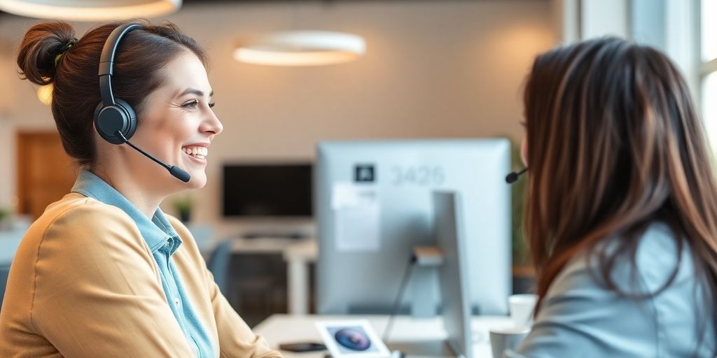 Customer support representative assisting a client in conversation.