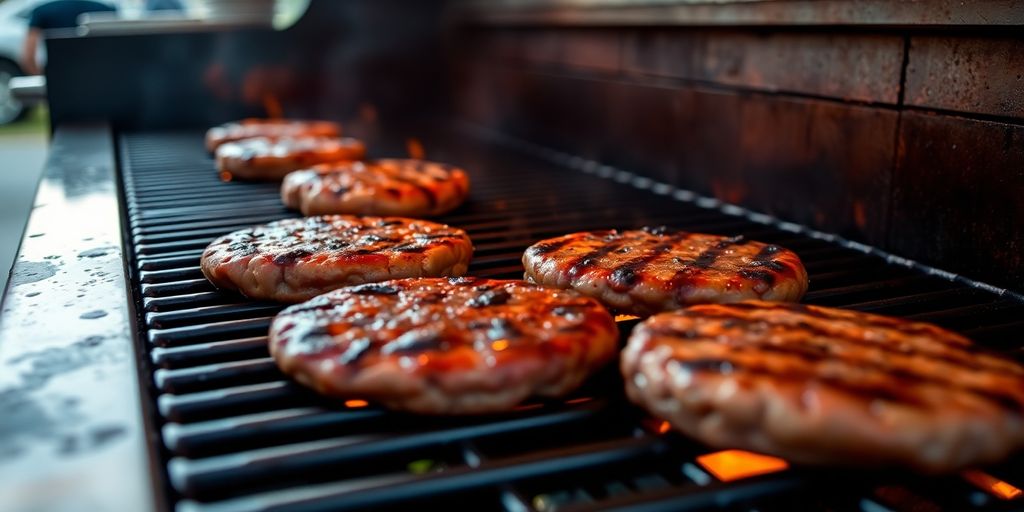 Sparking chargrill with burgers cooking.