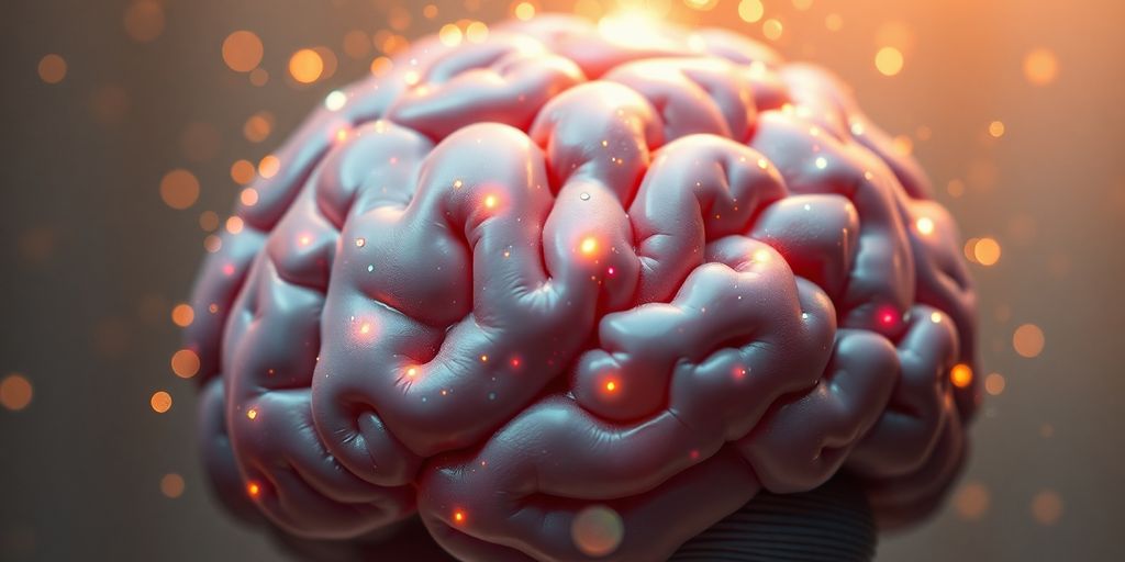 Brain with scattered colorful light particles.