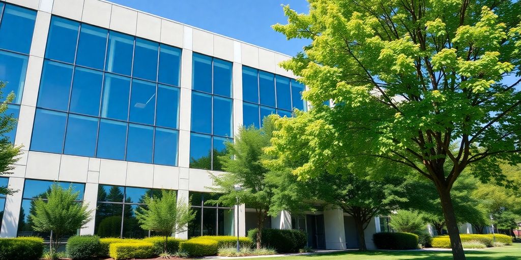 Modern building, green trees, clear sky