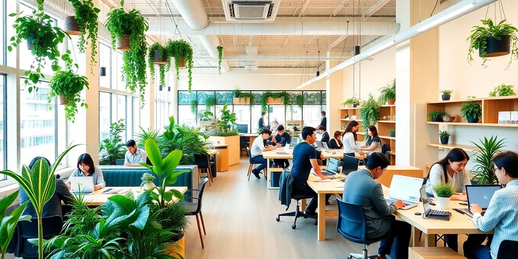 Modern coworking space in Tokyo with diverse professionals working.