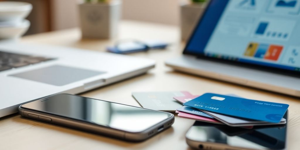 E-commerce workspace with laptop and credit cards.