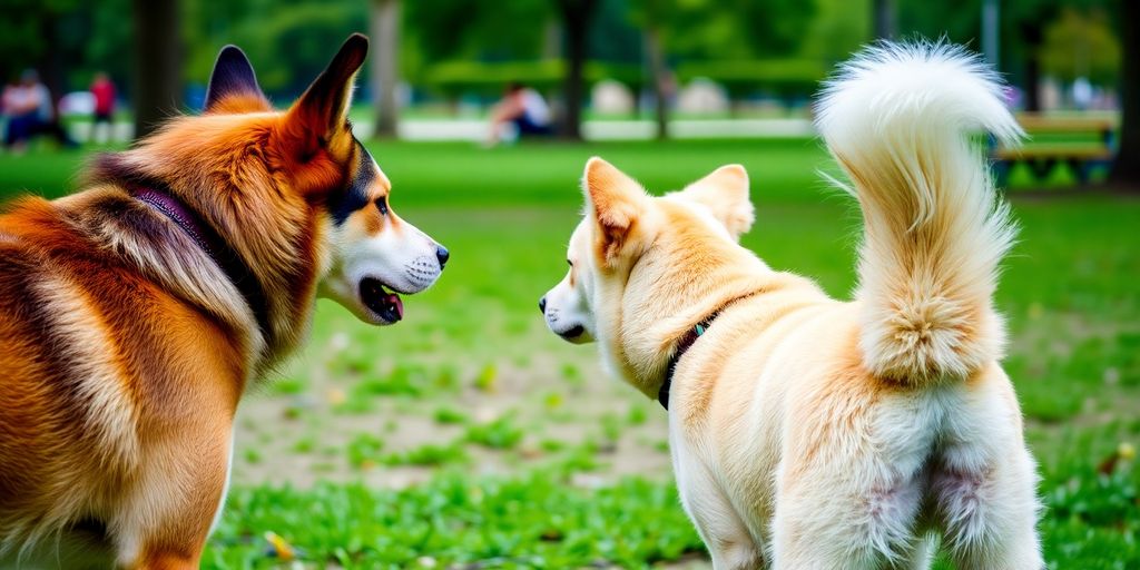 Dog with tail flagging, looking at a male dog.