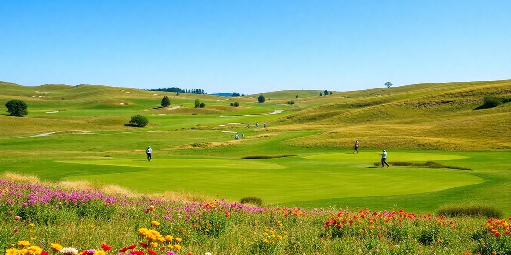 Scenic golf course with lush greens and blue sky.