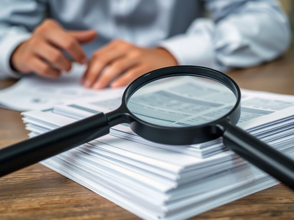 Lupă pe documente fiscale, mâini lucrând