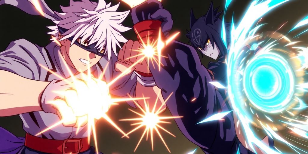 Two anime sorcerers striking each other powerfully.