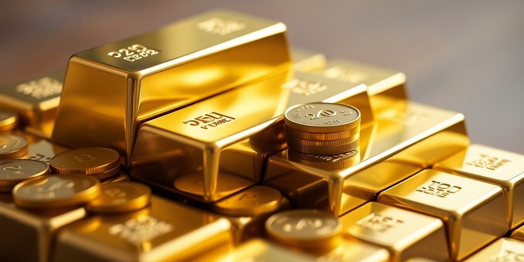 Lingots d'or et pièces de monnaie brillantes.