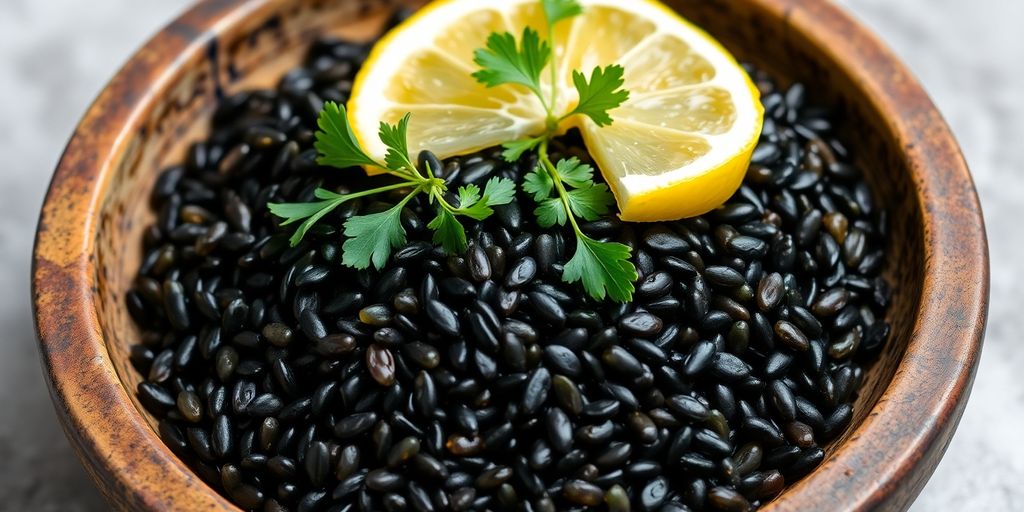 Bowl of wild rice with fresh herbs and lemon slice.
