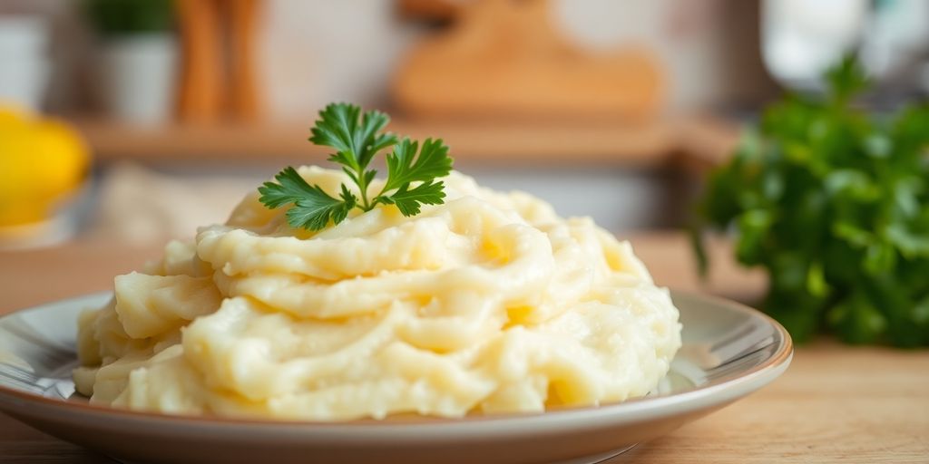 Creamy mashed potatoes on a plate with parsley garnish.