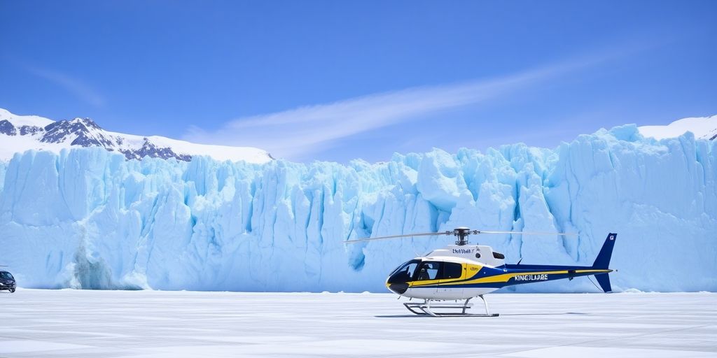 A tour helicopter rests on the vast Knik Glacier.