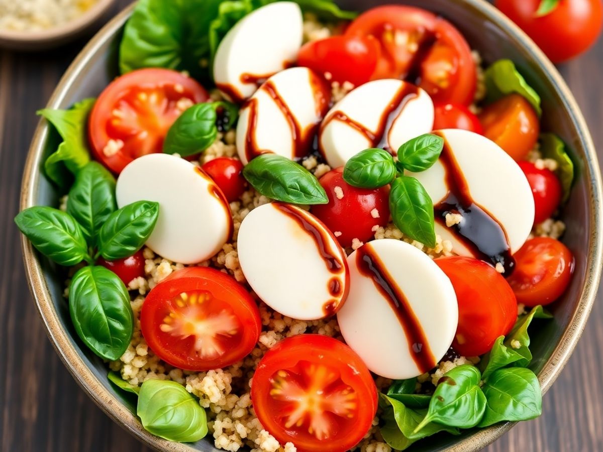 Refreshing Quinoa Caprese Salad Recipe for a Healthy Summer Meal Colorful quinoa caprese salad with tomatoes and basil.
