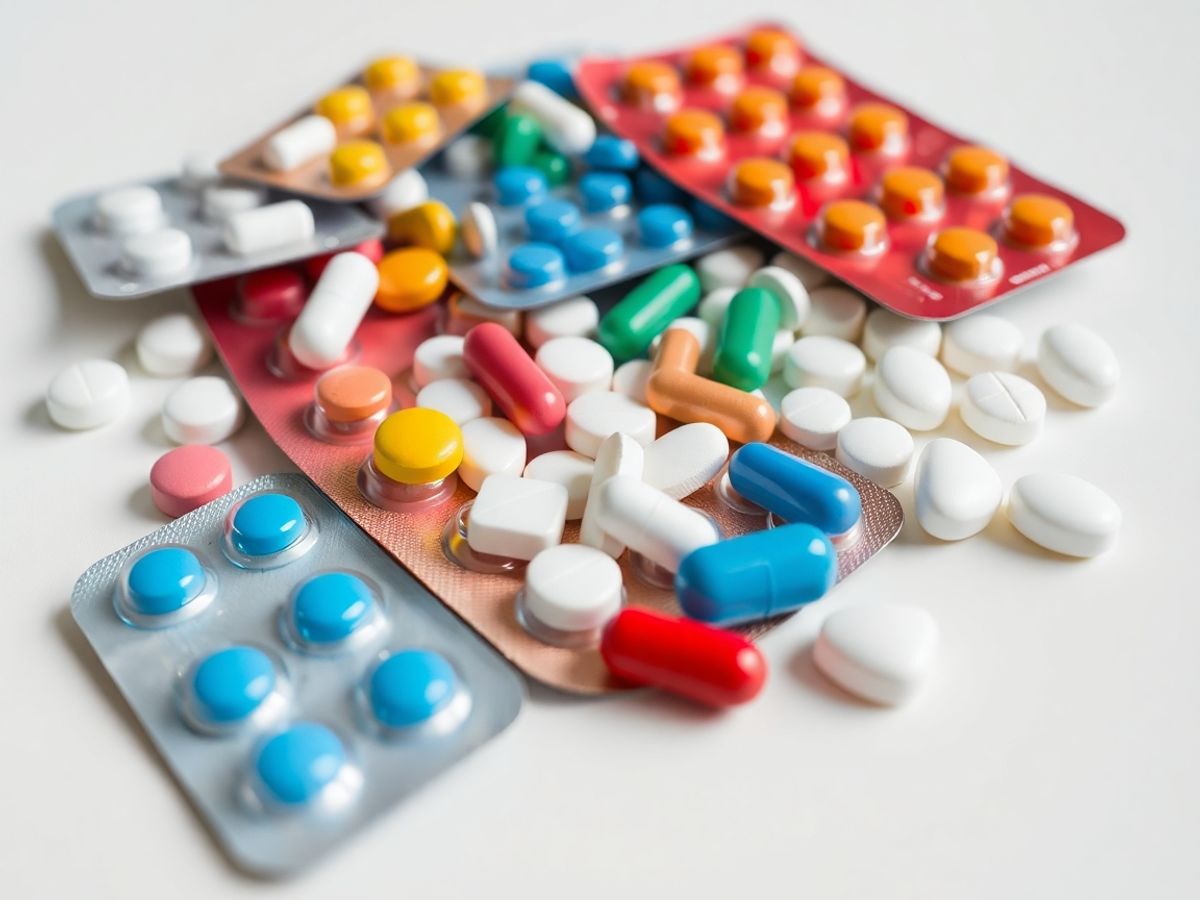 Pastile colorate și blistere de medicamente.