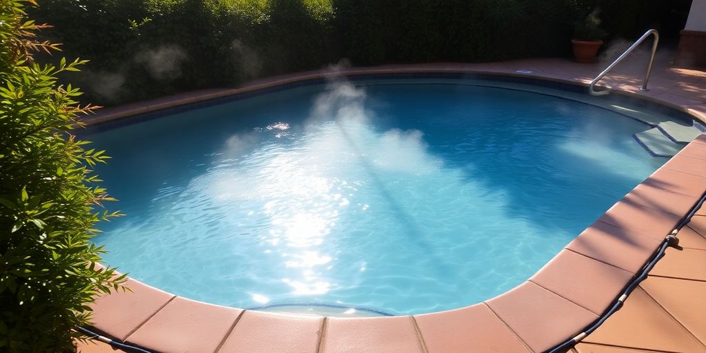 Steaming hot springs pool surrounded by greenery and stone paths.