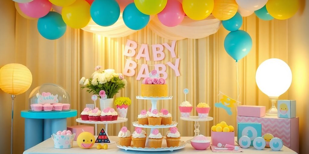 Bunte Babyparty-Dekorationen mit Kuchen und Geschenken.