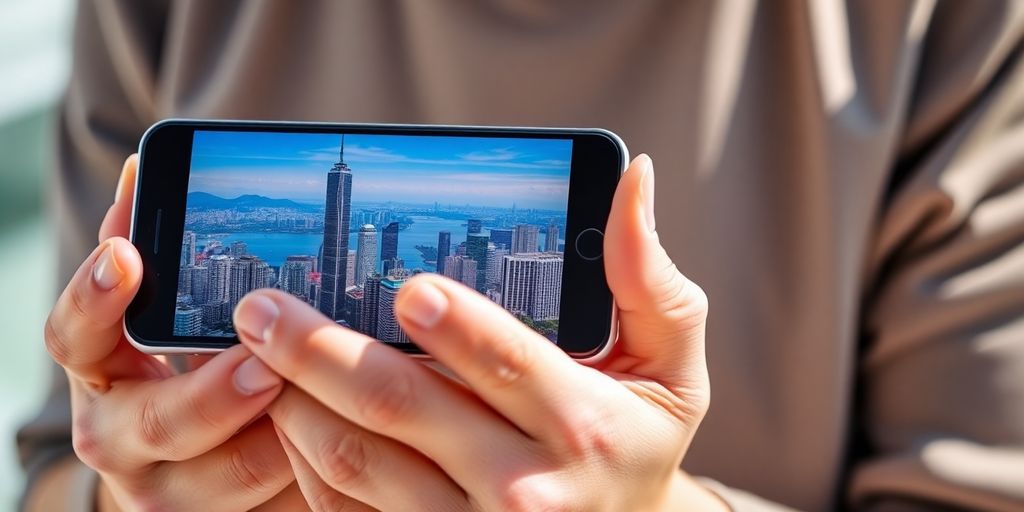 Hands holding phone with Hong Kong skyline.