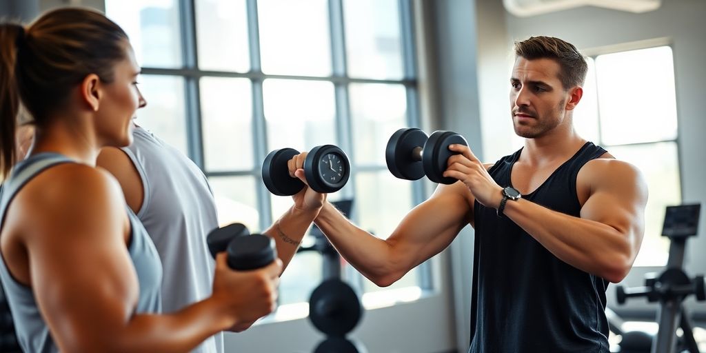 personal trainer for posture Trainer guides client lifting weights at a gym.