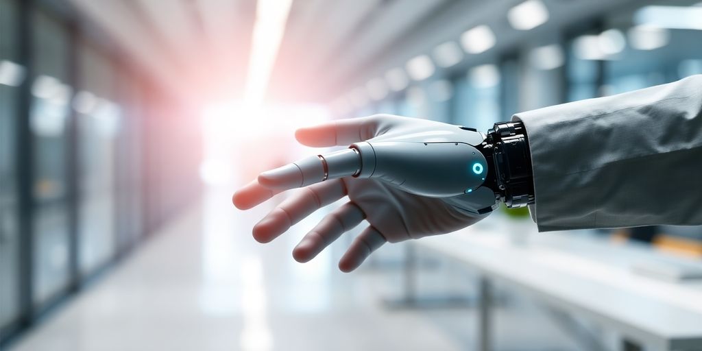 Robot and human hands exchanging data.