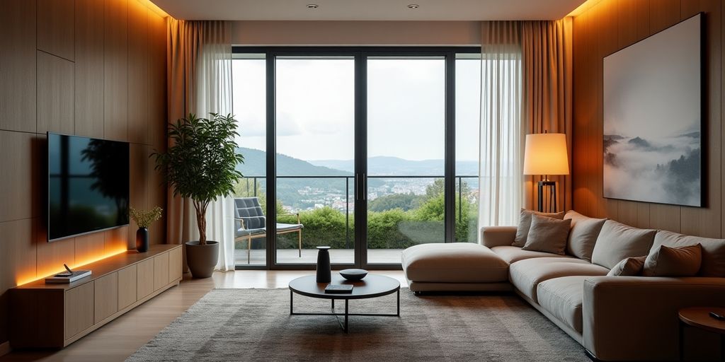 Modern living room with smart home technology and furniture.