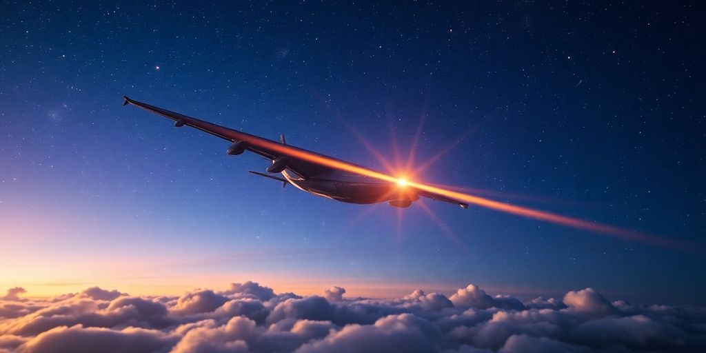Airplane flying over a city at night.