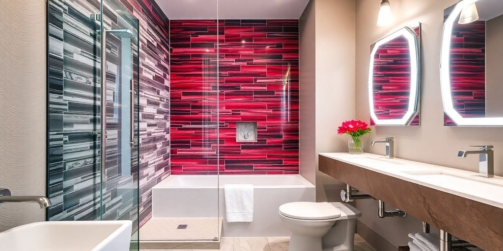 Modern shower with vibrant accent wall and elegant tiles.