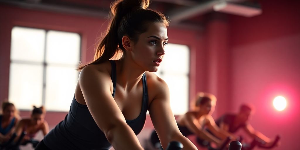 Woman energetically cycling during a powerful 30-minute spin workout.