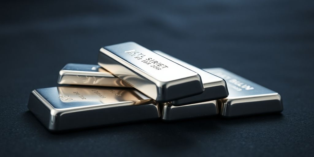 Barres d'argent empilées de manière irrégulière sur fond sombre.