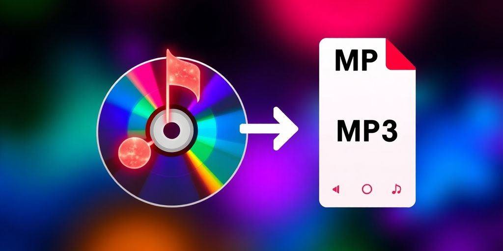 Music note, CD, and MP3 player in vibrant colors.